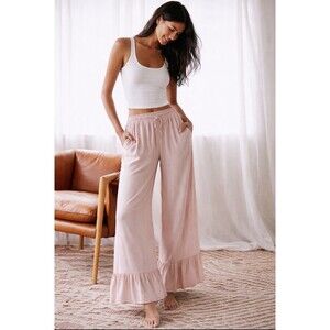 Anthropologie Pajama Sleep Pants Sz M White Ruffles Wide Leg Lounge Boho EUC